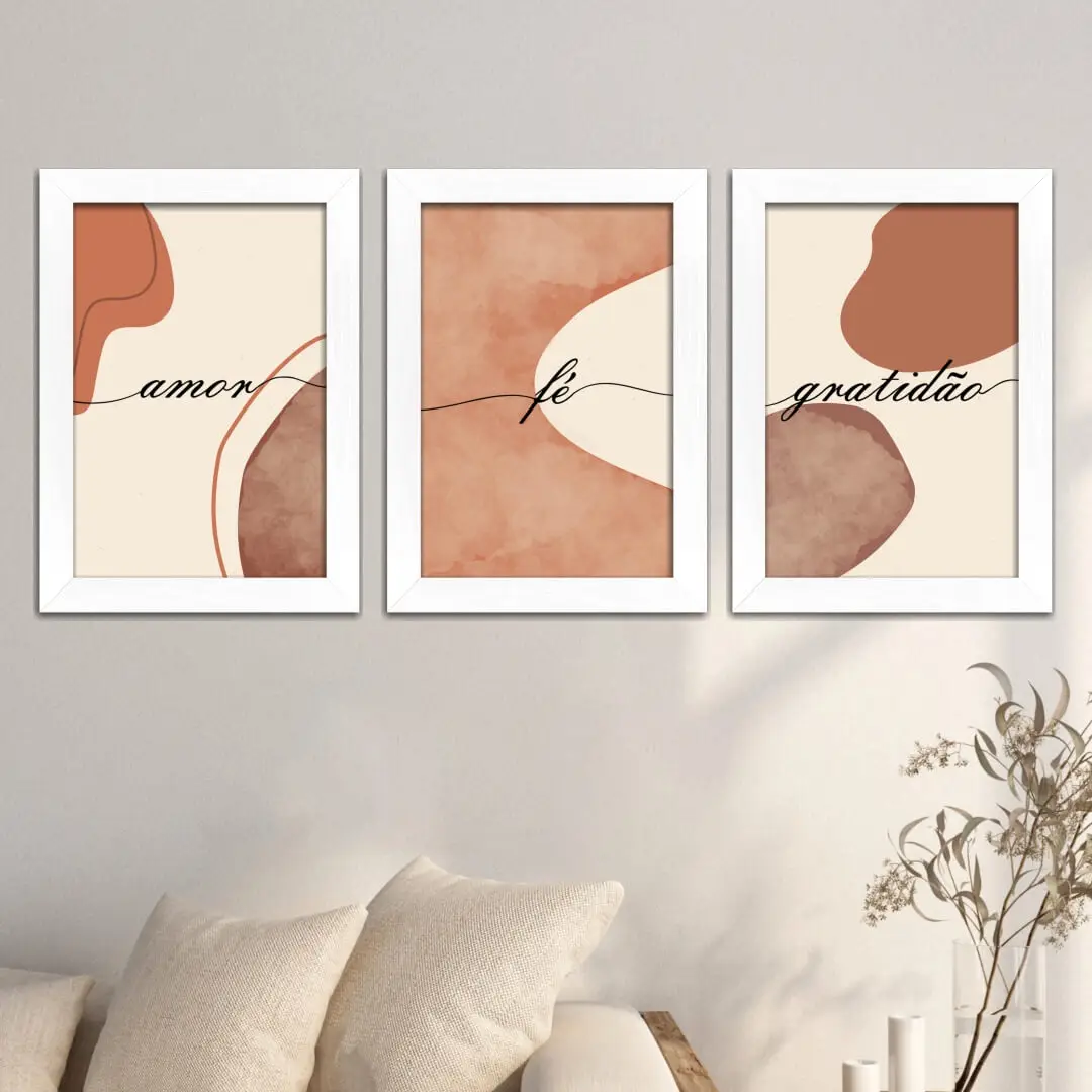Kit 3 Quadros Boho-Chic Fé... - Modelo Classico - Moldura Branca - Ambientado