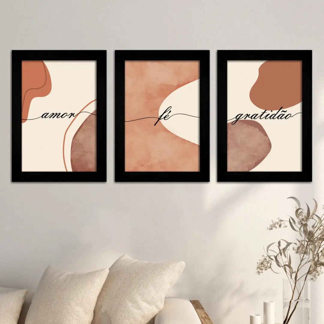 Kit 3 Quadros Boho-Chic Fé... - Modelo Classico - Moldura Preta - Ambientado