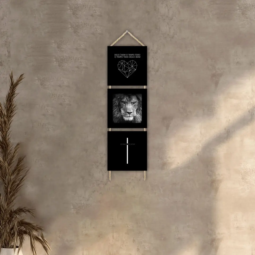 Trio Cordinha Leão - Moldura Preta Ambientado Trio Cordinha Leão - Moldura Preta Ambientado