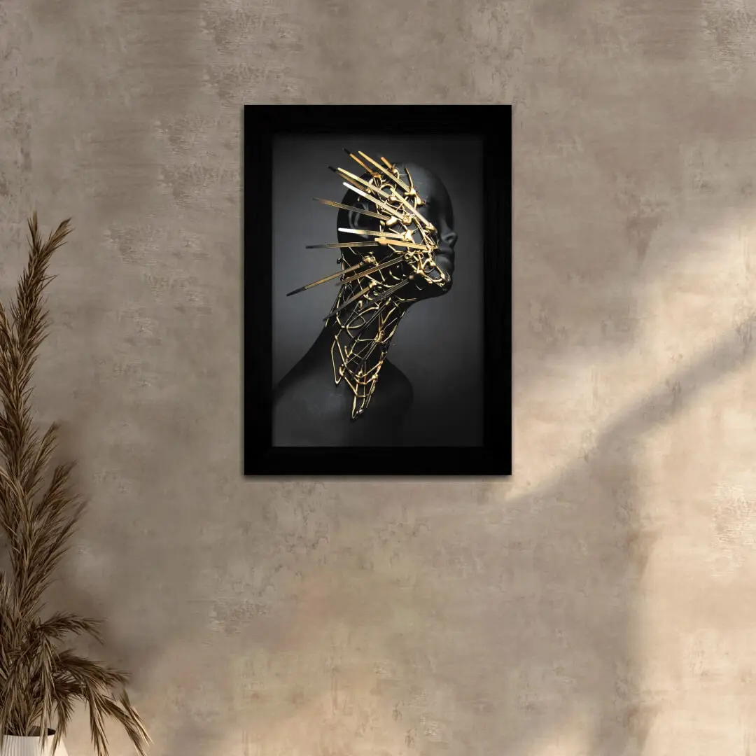 Quadro Decorativo Abstrato-Preto-Dourado - Moldura Preta - Quadro Decorativo Abstrato-Preto-Dourado - Moldura Preta -