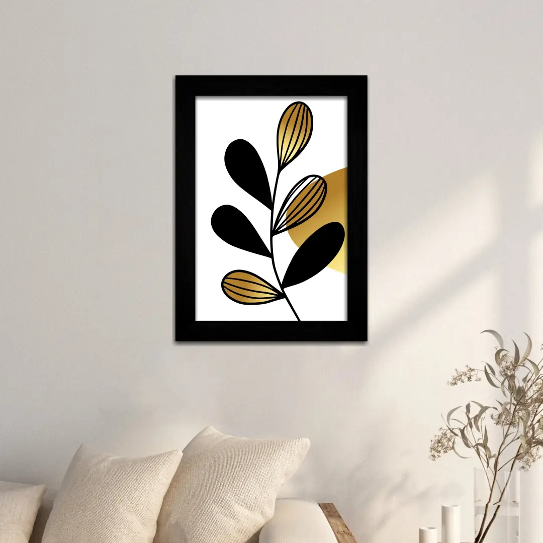 Quadros Decorativos Abstrato-Flor-Preta-Amarela - Moldura Preta -