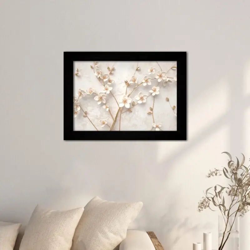 Quadro Decorativo Galho-de-Flores-Brancas - Moldura Preta -