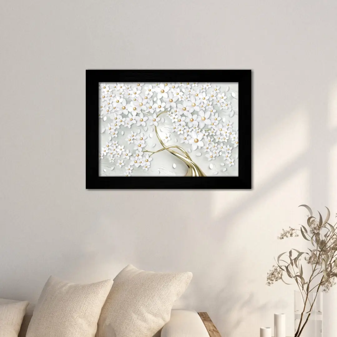 Quadro Decorativo Galho de Folhas-Brancas - Moldura Preta -