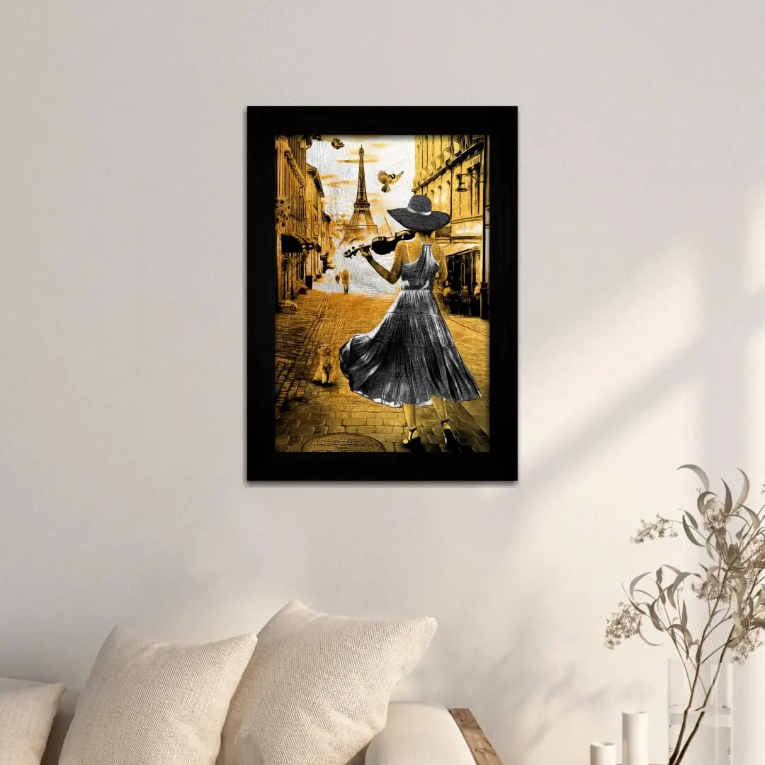 Quadro Decorativo Mulher com Violino-em-Paris - Moldura Preta -