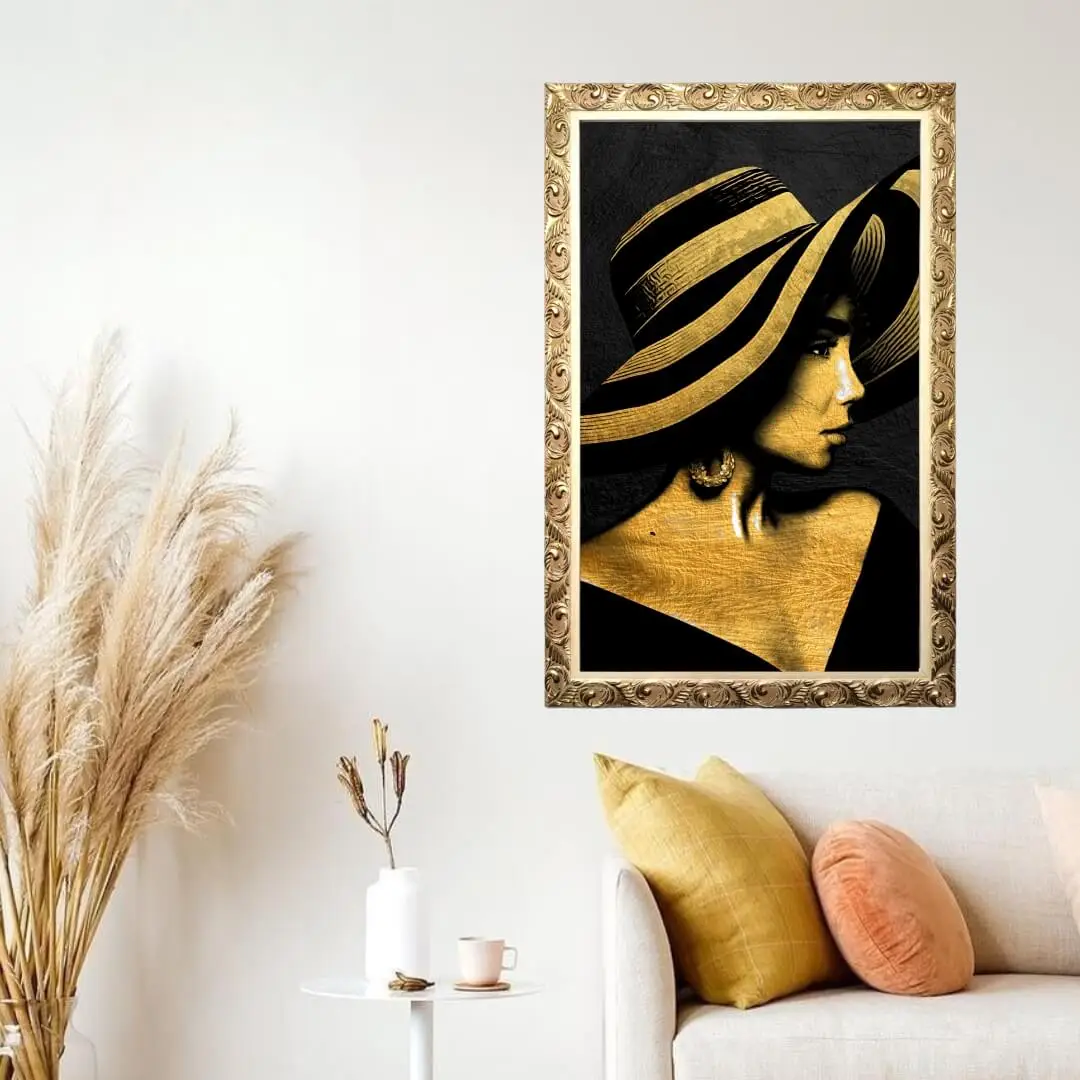 Quadro Decorativo Mulher Dourada Chapéu - Modelo Big's - Imagem 1
