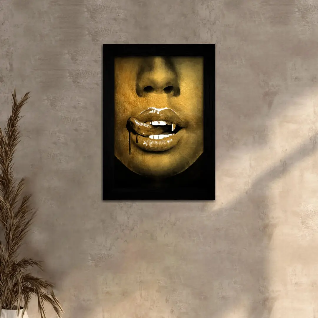 Quadro Decorativo Boca Pintura Amarela - Moldura Preta -