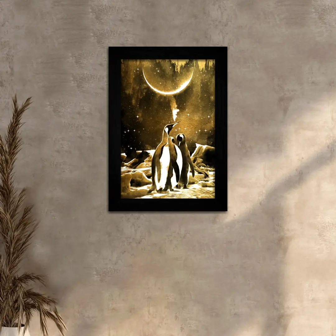 Quadro Decorativo Pintura Amarela-Pinguins - Moldura Preta - Quadro Decorativo Pintura Amarela-Pinguins - Moldura Preta -