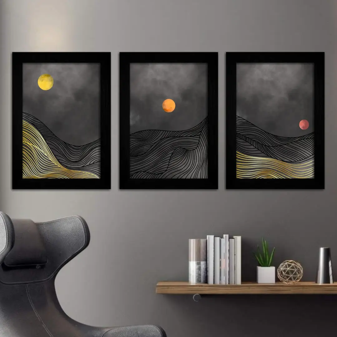 Kit 3 Quadros Por do Sól Abstrato - Moldura Preta - Kit 3 Quadros Por do Sól Abstrato - Moldura Preta -