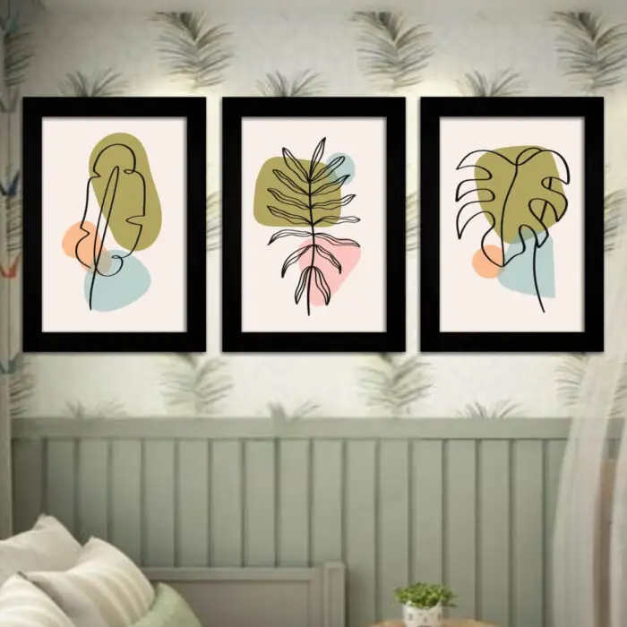 Kit 3 Quadros boho-Plantas Verde - Moldura Preta -