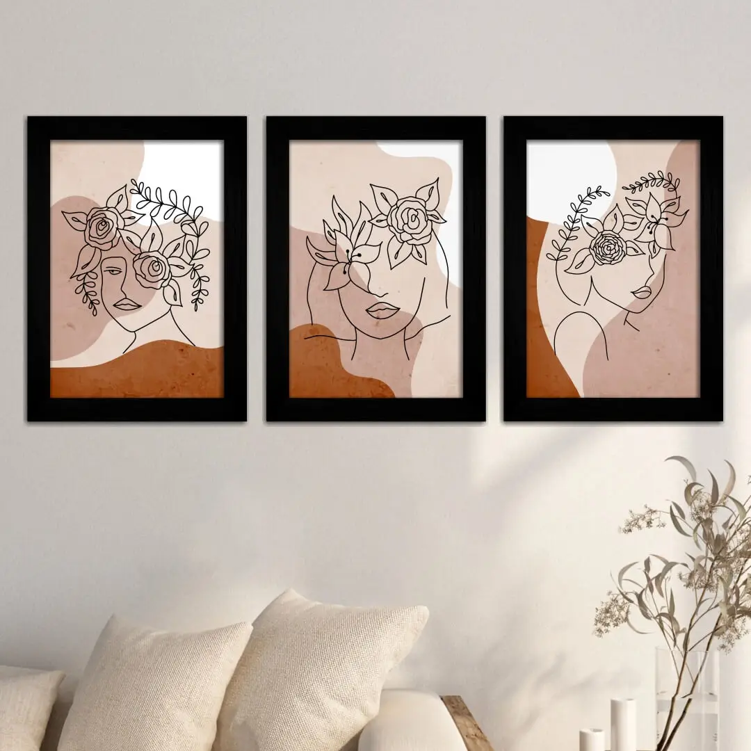Kit 3 Quadros Mulher-Traço-Abstrato - Moldura Preta - Kit 3 Quadros Mulher-Traço-Abstrato - Moldura Preta -