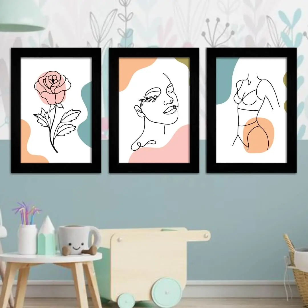 Kit 3 Quadros Flor-Mulher - Moldura Preta - Kit 3 Quadros Flor-Mulher - Moldura Preta -