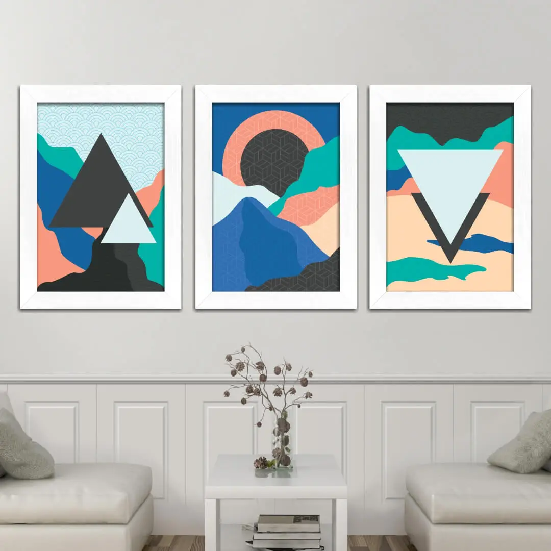 Kit 3 Quadros Paisagem-azul-branca - Moldura Preta -