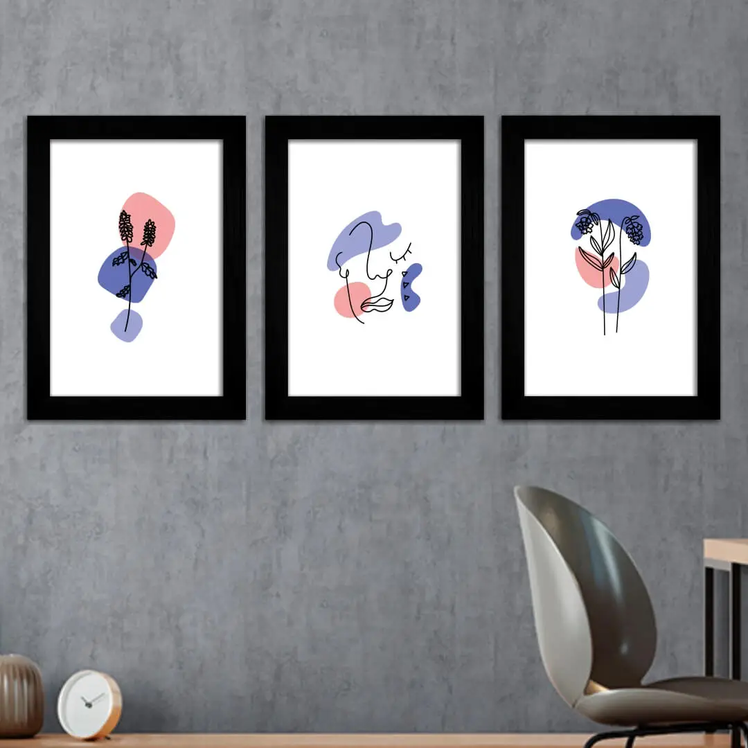 Kit 3 Quadros Boho-chic-Roxo - Moldura Preta - Kit 3 Quadros Boho-chic-Roxo - Moldura Preta -