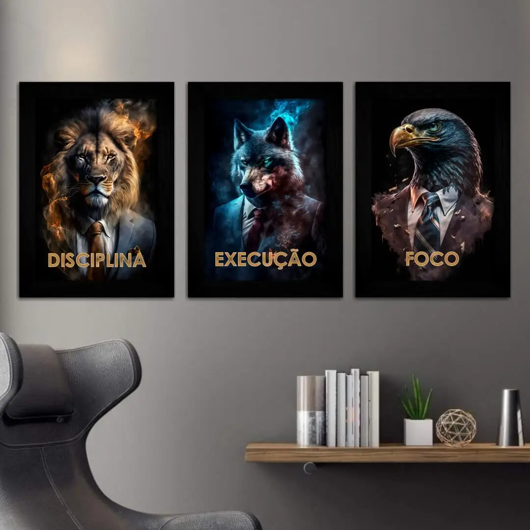 Kit 3 Quadros Frase-Animais-Terno - Moldura Preta -