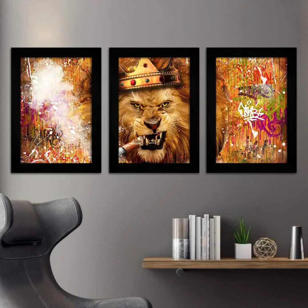 Kit 3 Quadros Leão-Charuto - Moldura Preta -