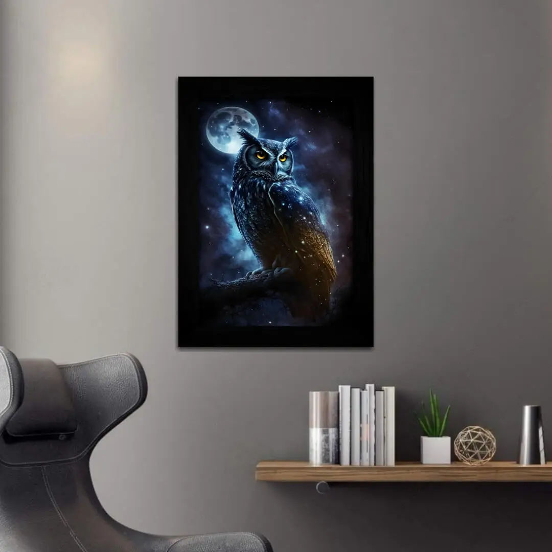 Quadro Decorativo Coruja-Luar-Azul - Moldura Preta -