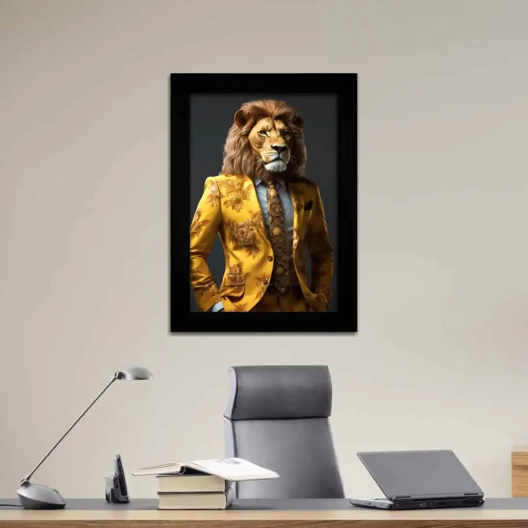 Quadro Decorativo Leão-Terno-Amarelo - Moldura Preta -