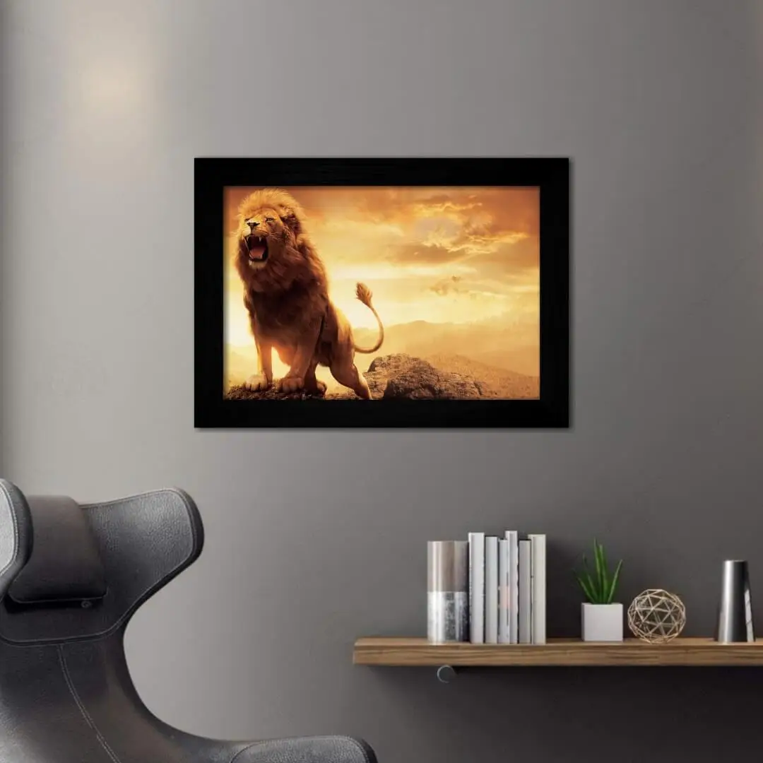 Quadro Decorativo Leão na Rocha - Moldura Preta -
