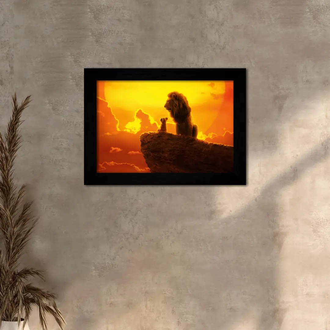 Quadro Decorativo Leão-Rei-Paisagem - Moldura Preta -