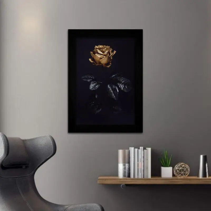 Quadro Decorativo Rosa Dourada - Moldura Preta -