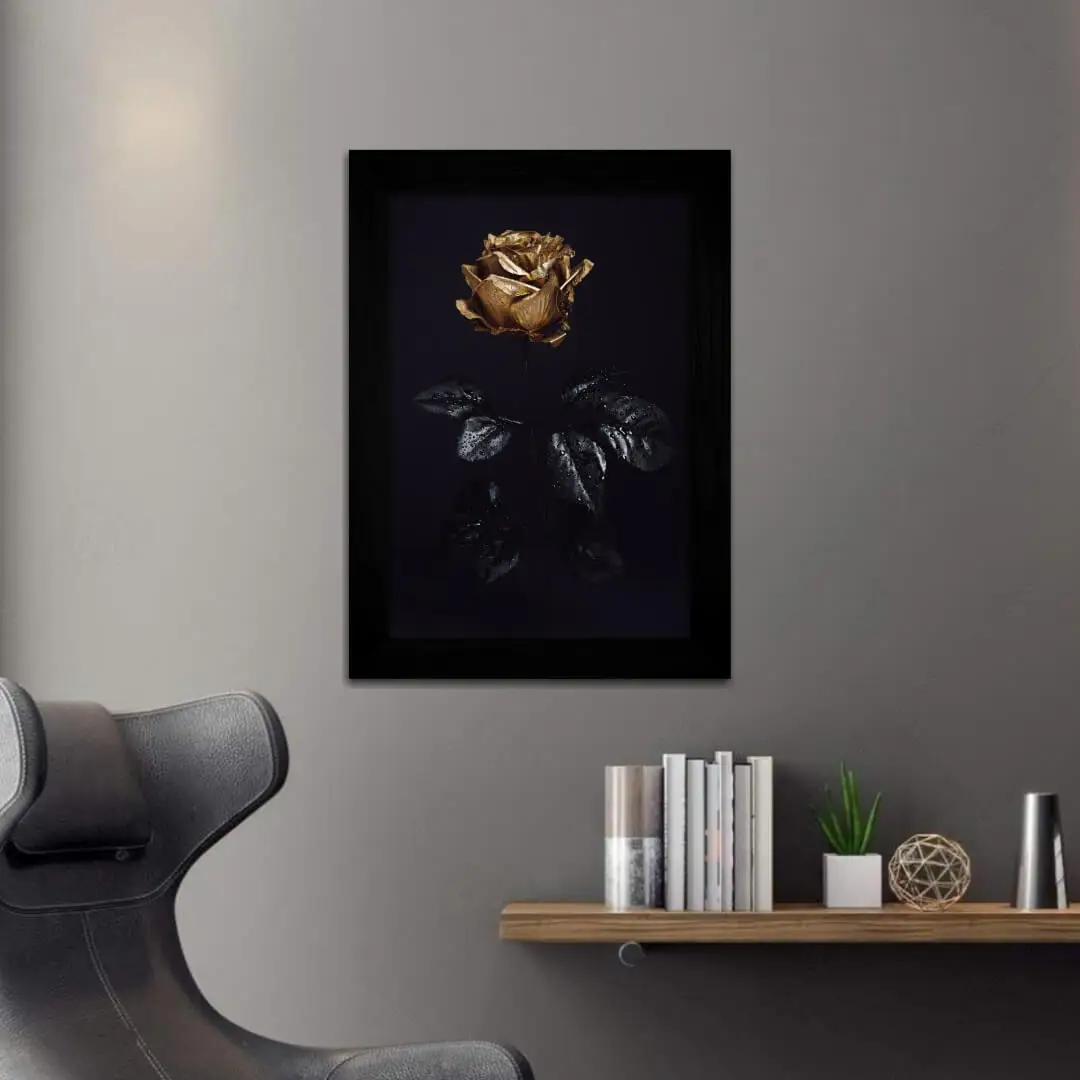 Quadro Decorativo Rosa Dourada - Moldura Preta - Quadro Decorativo Rosa Dourada - Moldura Preta -