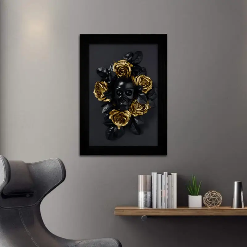 Quadro Decorativo Caveira Coroa-de-Flor - Moldura Preta -
