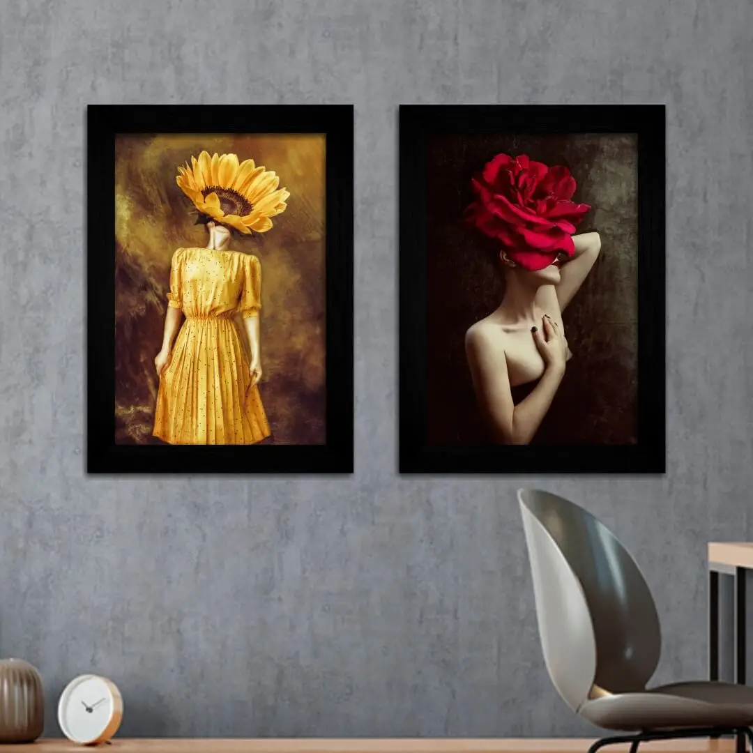 Kit 2 Quadros Mulheres-Floridas - Moldura Preta -