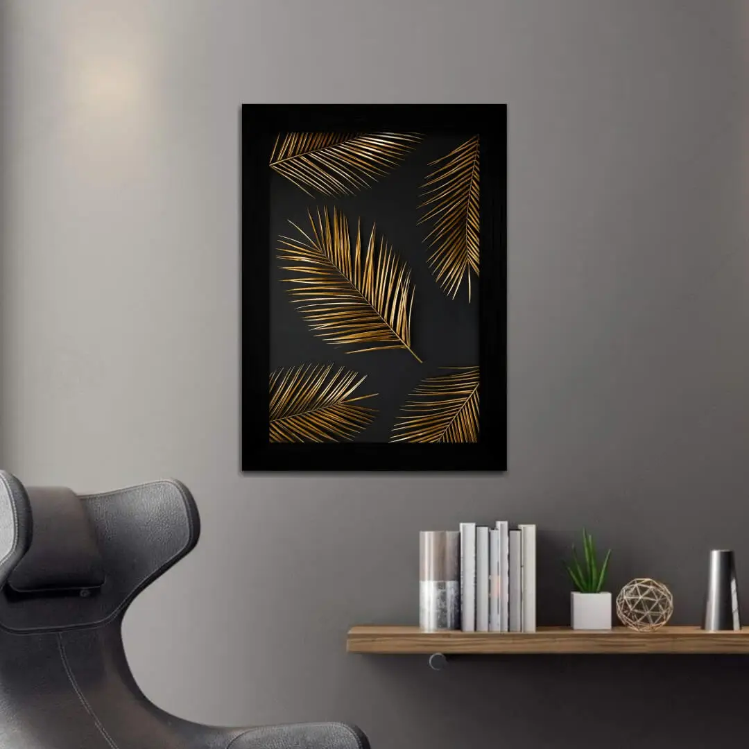 Quadro Decorativo Floral Ouro - Moldura Preta -