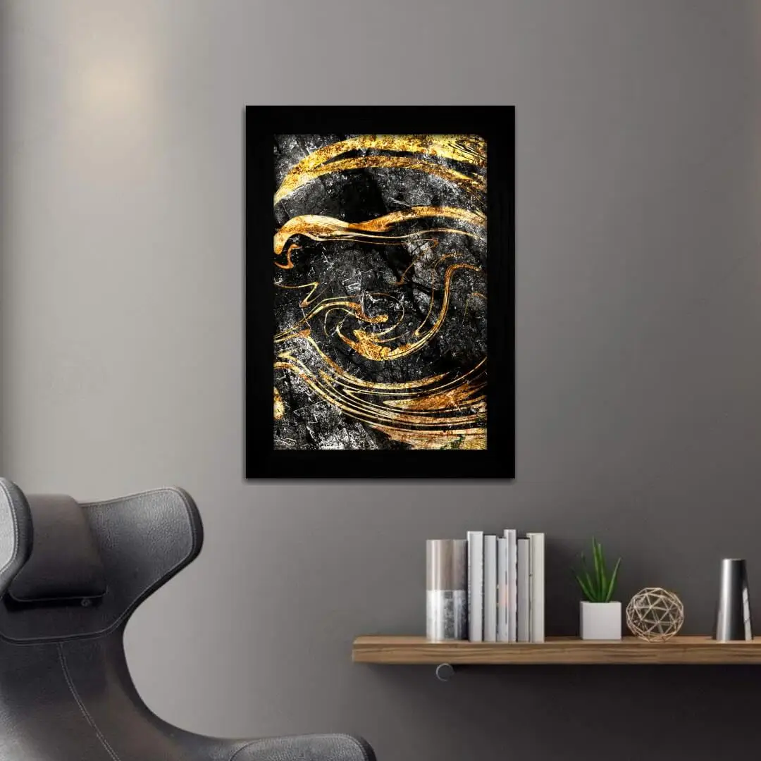 Quadro Decorativo Abstrato Dourado-e-Preto - Moldura Preta -