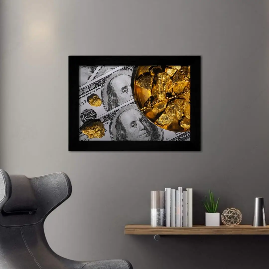 Quadro Decorativo Nota e Ouro - Moldura Preta -