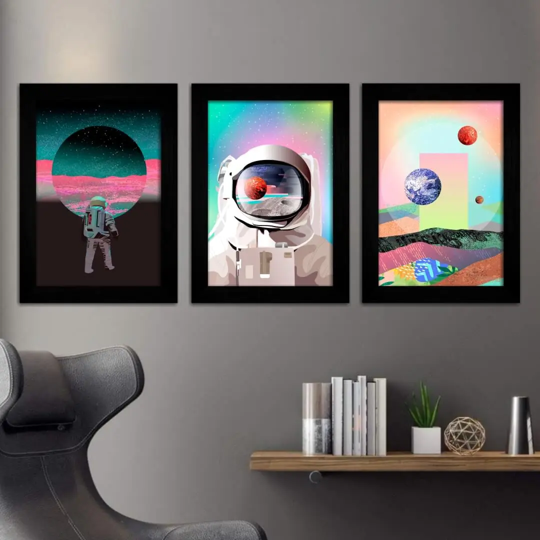 Kit 3 Quadros-Arte-Astronauta