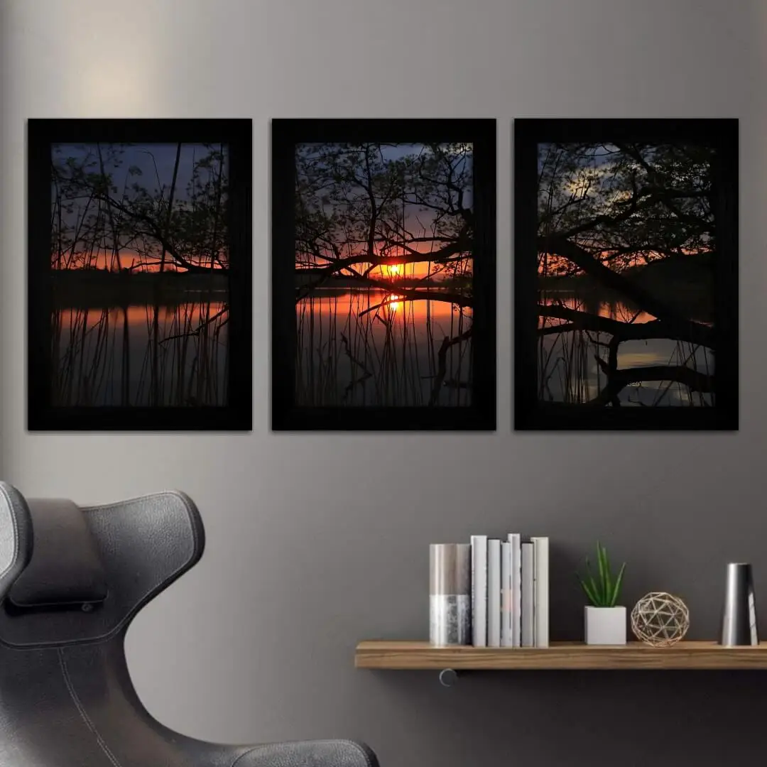 0988 Kit-3-Quadros-Por-do-Sol-Lago