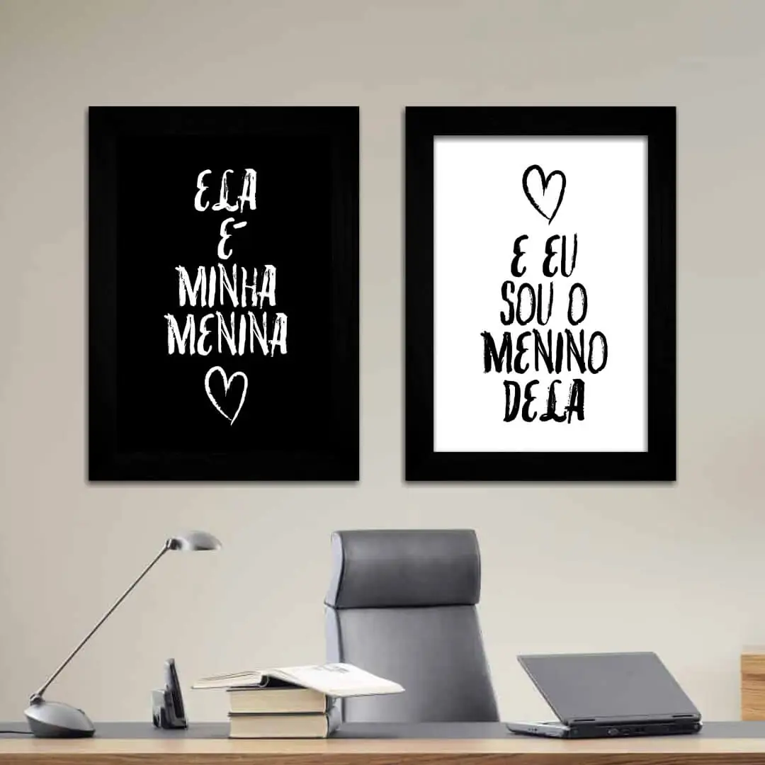 Kit 2 Quadros Frase-Ele-Dela- Moldura Preta -