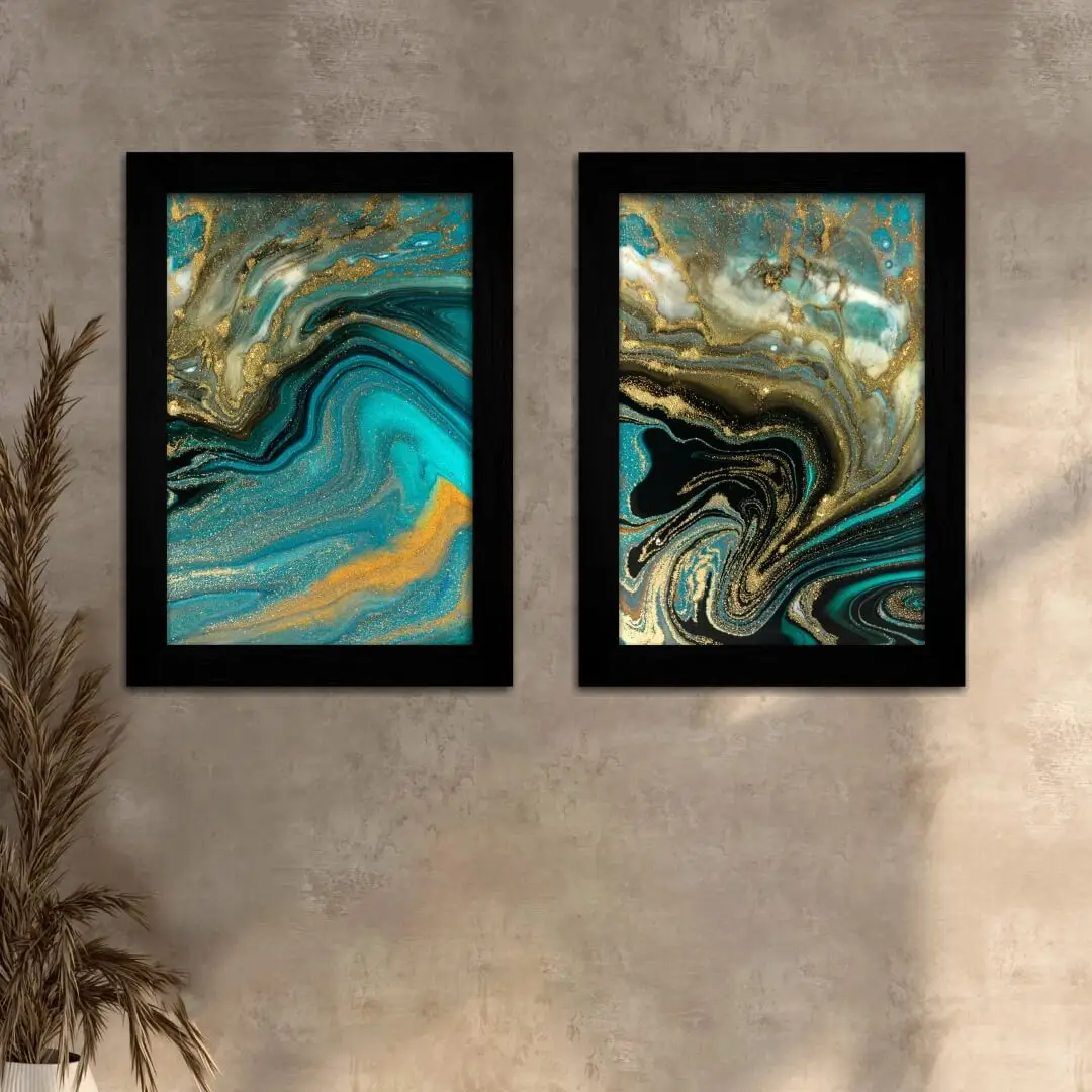 Kit 2 Quadros Abstrato-Verde-Azul - Moldura Preta - Kit 2 Quadros Abstrato-Verde-Azul - Moldura Preta -