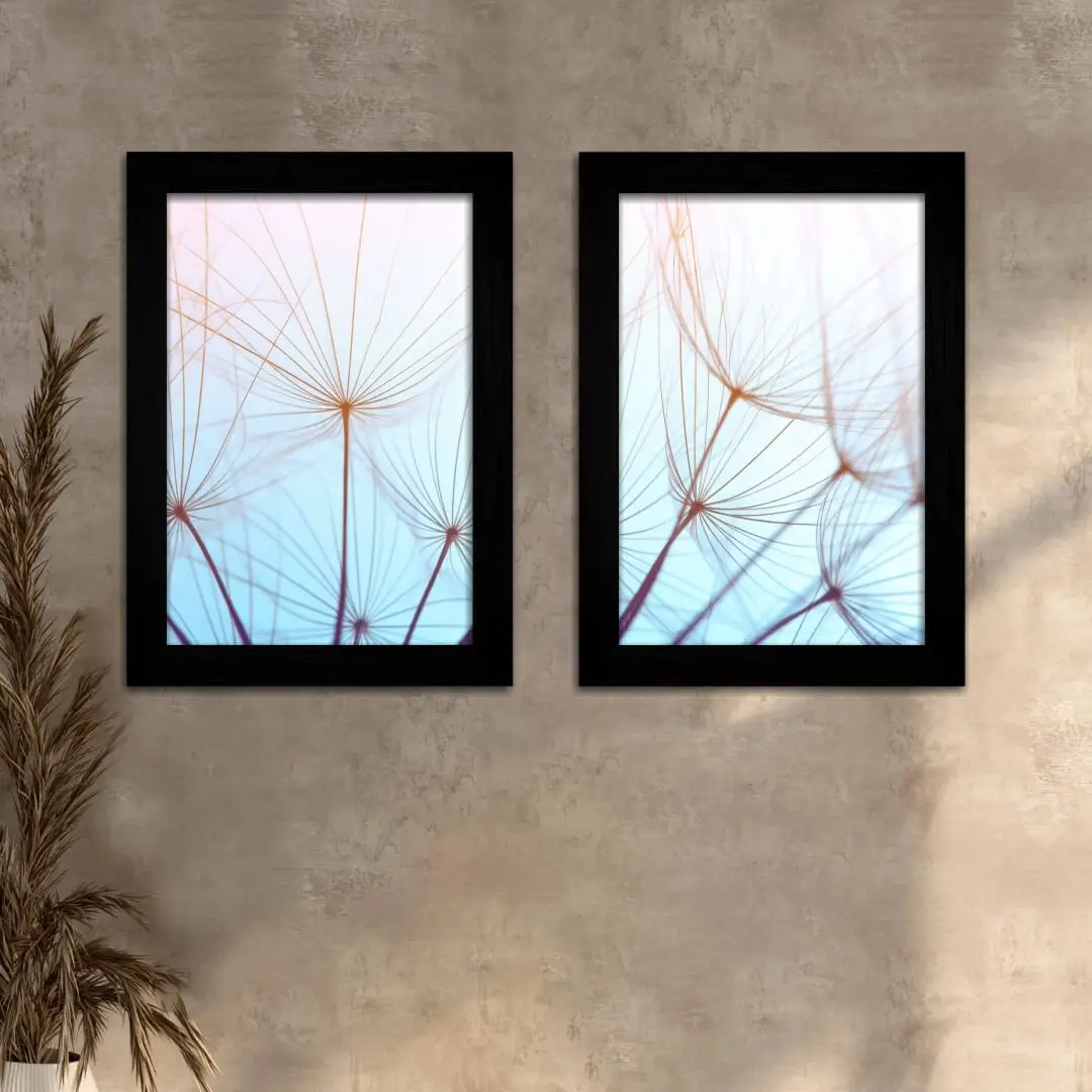 Kit 2 Quadros Dente-de-Leão-Azul - Moldura Preta -