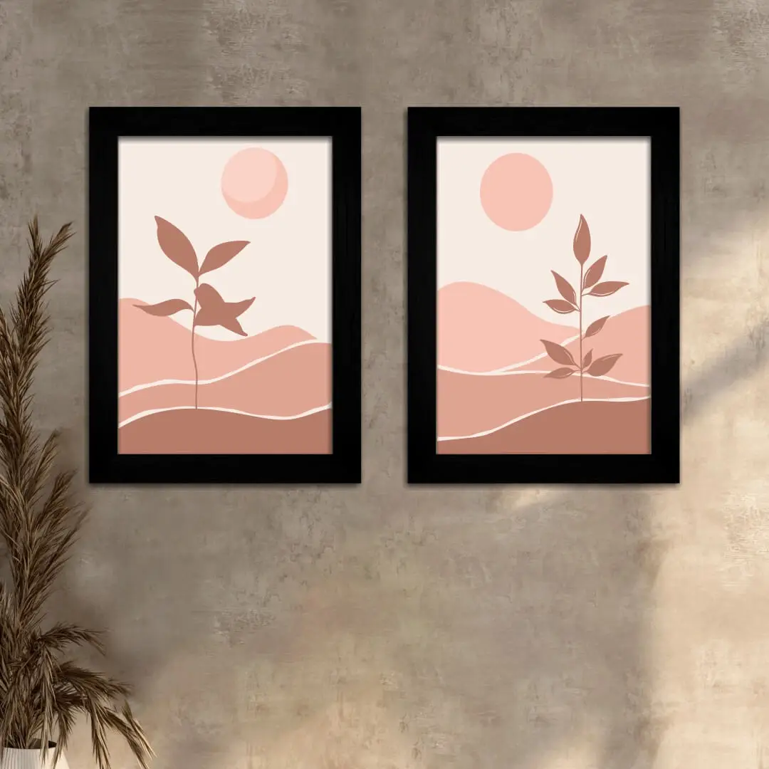 Kit 2 Quadros Paisagem-Abstrata-Salmão- Moldura Preta -