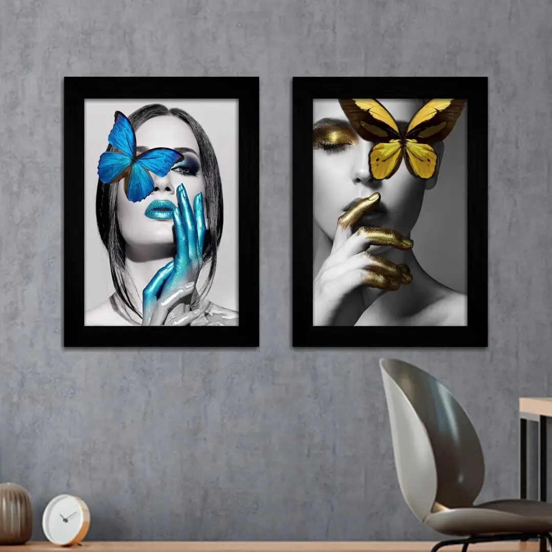 Kit 2 Quadros Mulheres-Borboletas - Moldura Preta - Kit 2 Quadros Mulheres-Borboletas - Moldura Preta -