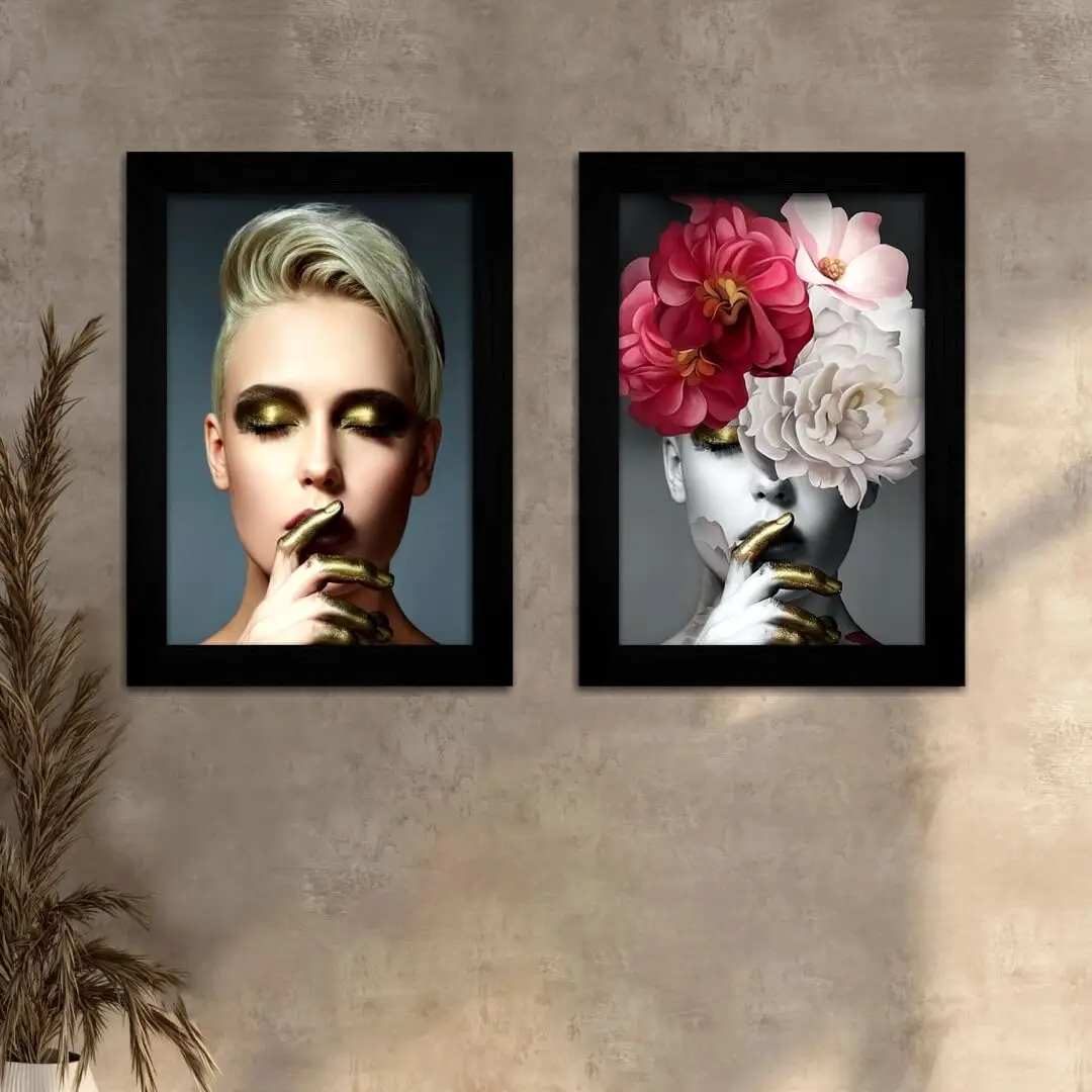 Kit 2 Quadros Mulher-e-Flores - Moldura Preta -