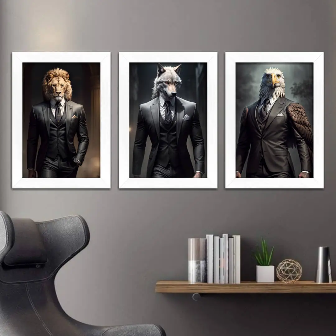 Kit 3 Quadros Leão Lobo Águia - Imagem 2