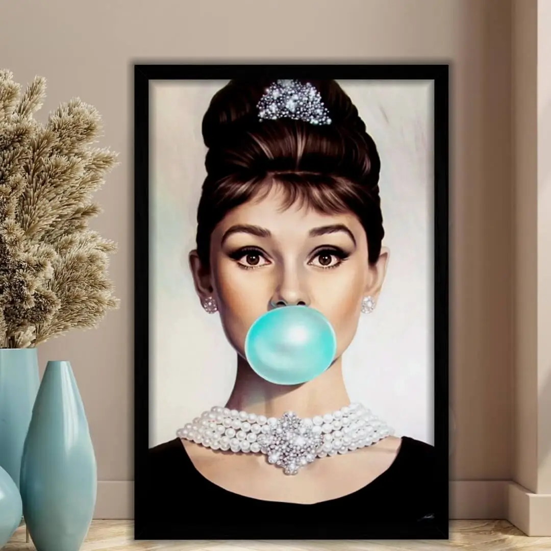 Quadro Decorativo Audrey Hepburn Chiclete Azul Modelo Big's - Imagem 1