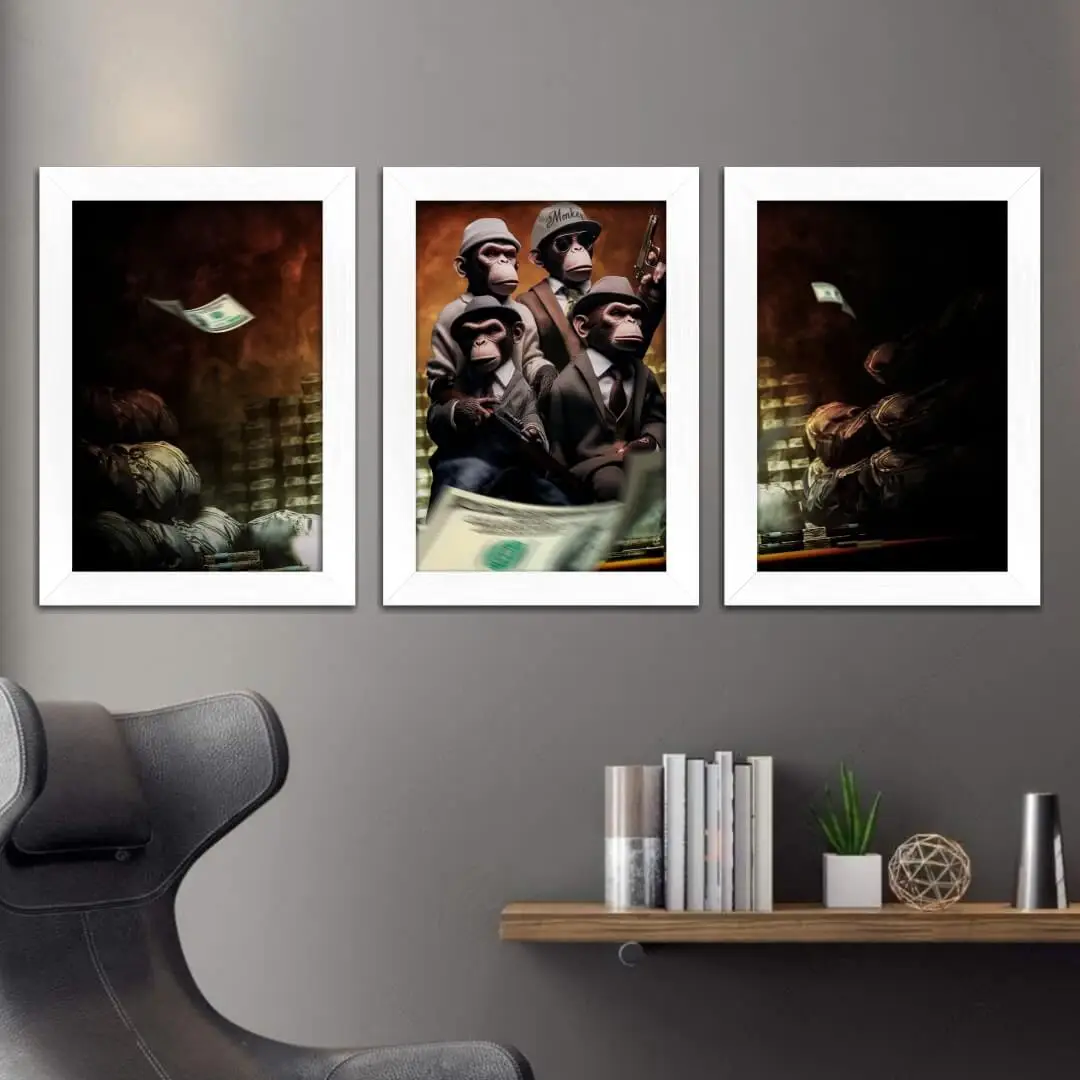 Kit 3 Quadros Decorativos Macacos Gangster - Imagem 2