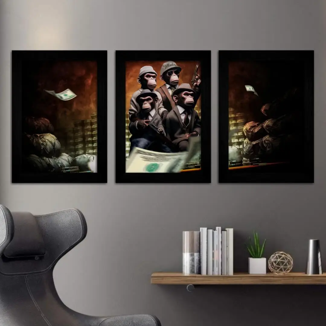 Kit 3 Quadros Decorativos Macacos Gangster - Imagem 1