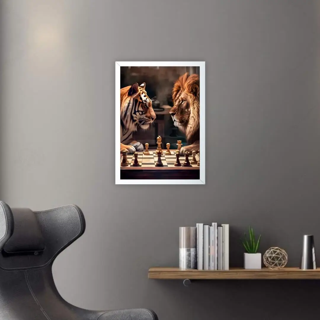 Quadro Decorativo Leão e Tigre jogando Xadrez - Imagem 2