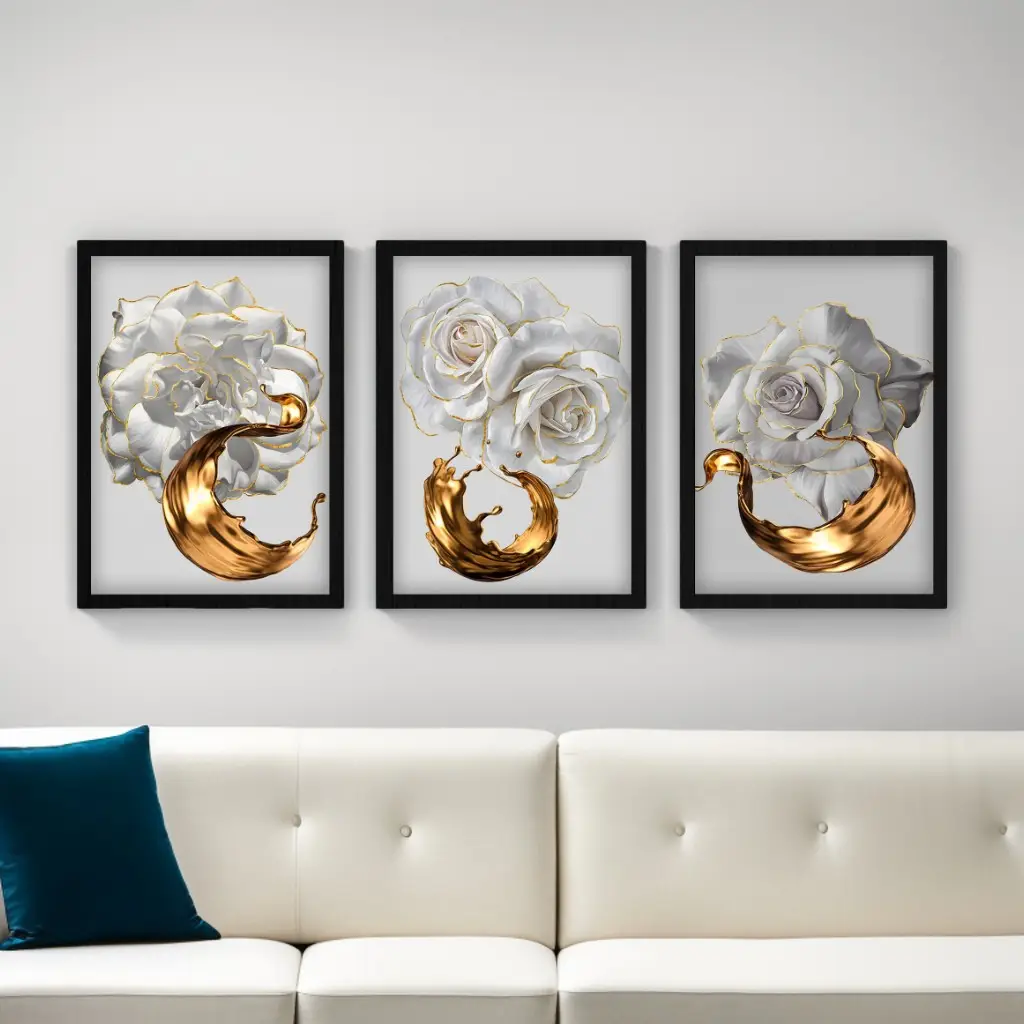 Kit 3 Quadros Decorativo Florais Chic Dourado - Imagem 2