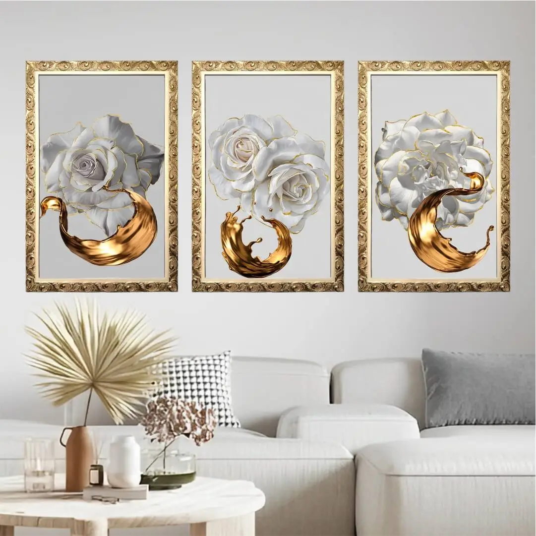 1351 LUXO DOURADA Kit-3-Quadros-Decorativo-Florais-Chic-Dourado-Big's