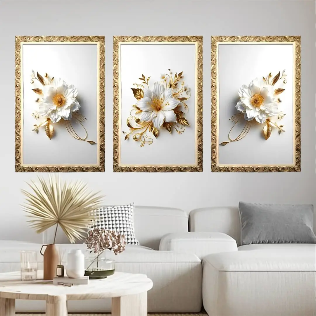 1356 LUXO DOURADA Kit-3-Quadros-Flores-Chic-Dourada-Big's