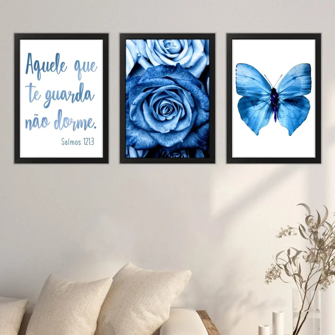 Kit 3 Quadros Florais Azul - Imagem 2
