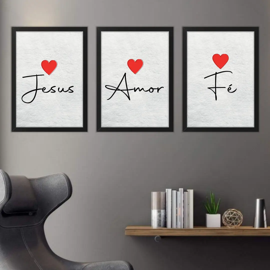 Kit 3 Quadros Jesus Amor Fé - Imagem 2