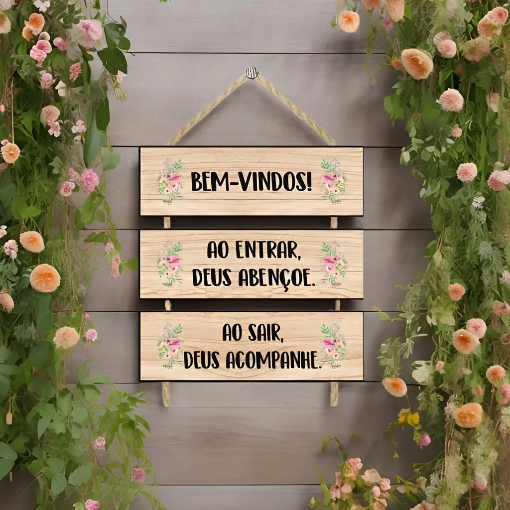 Placa 3 Partes Bem Vindo Tipo Madeira - Imagem 2