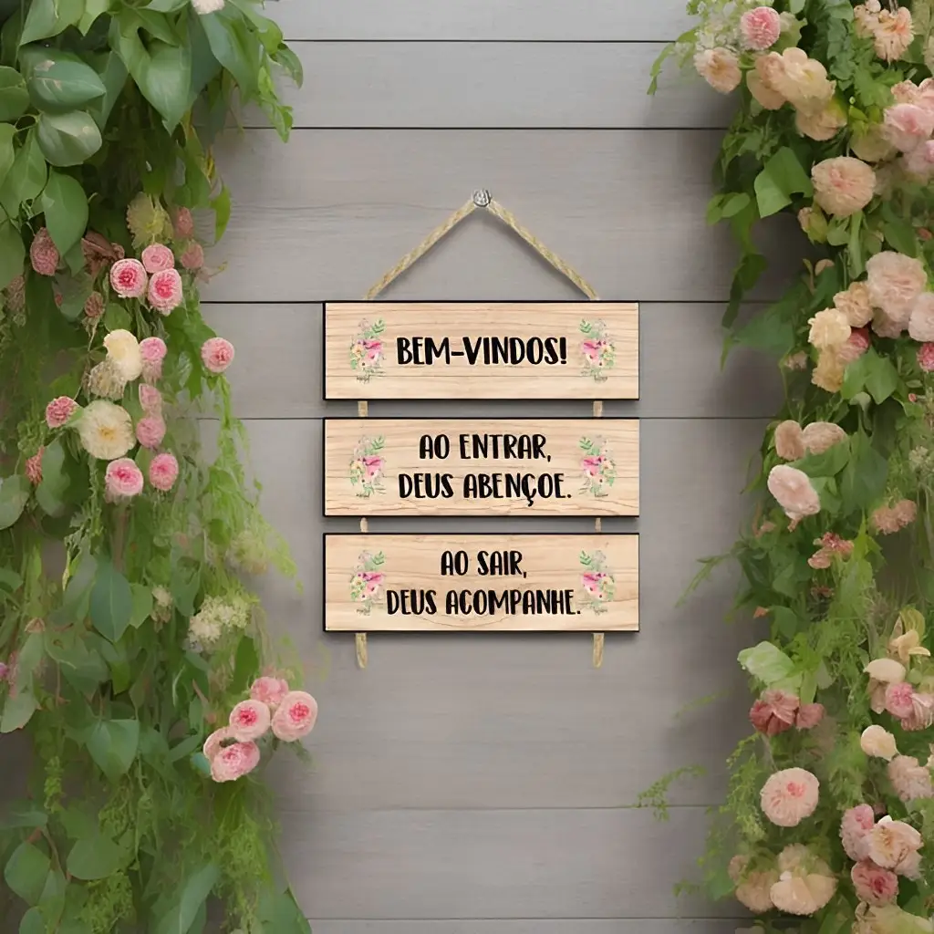 Placa 3 Partes Bem Vindo Tipo Madeira - Imagem 1